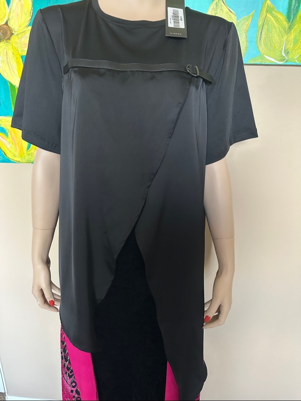 Black Asymmetric Draped Tunic Top